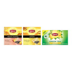 Lipton Peach Mango Black Tea, Lemon Green Tea, Lemon Black Tea 20CT (1ea) (Variety Pack)