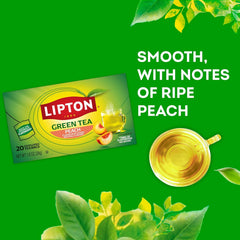 Lipton Peach Green Tea Bags, Flavored, Unsweetened Teabags for Hot Tea or Peach Iced Tea with Caffeine and Flavonoids, 20 Total Tea Bags