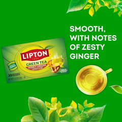 Lipton Honey Ginger Green Tea Bags 20-Count Flavored Unsweetened Hot or Iced Tea with Caffeine Flavonoids Natural Zesty Ginger Honey Aroma Rainforest Alliance Certified