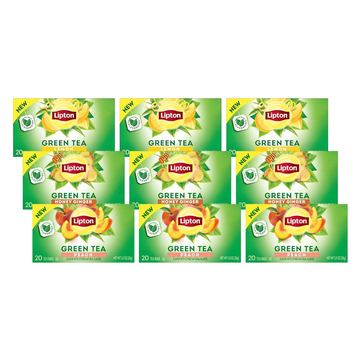 Lipton Green Tea Variety Pack, Honey Ginger, Lemon & Peach, 20 CT (3 ea)